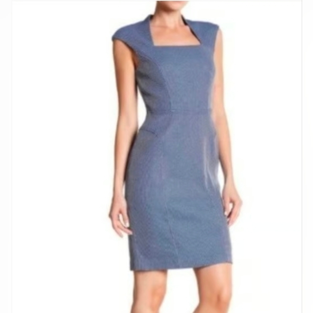Adrianna Papell Blue and White Square Neck Cap Sleeve Print Sheath Dress sz 12